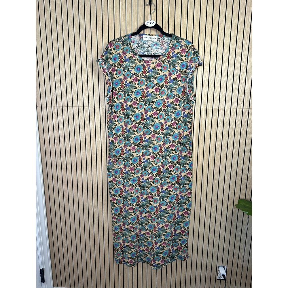 330 Natural Life Floral Cotton Slub Knit Midi Dress Tan Blue Pink (Medium, EUC)